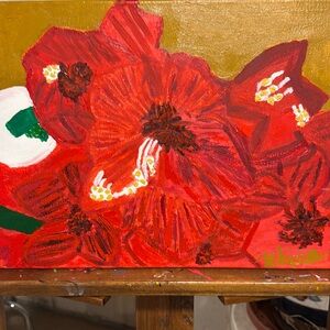 Beautiful hand painted by me Felicia a red poinsettia flower a hint green stems